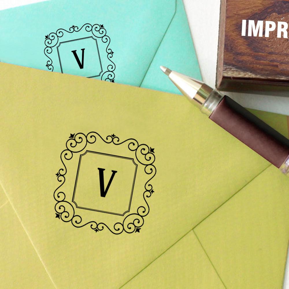 Printtoo Monogram Letter Square Swirl Border V Odd Mounted Rubber Stamp Office