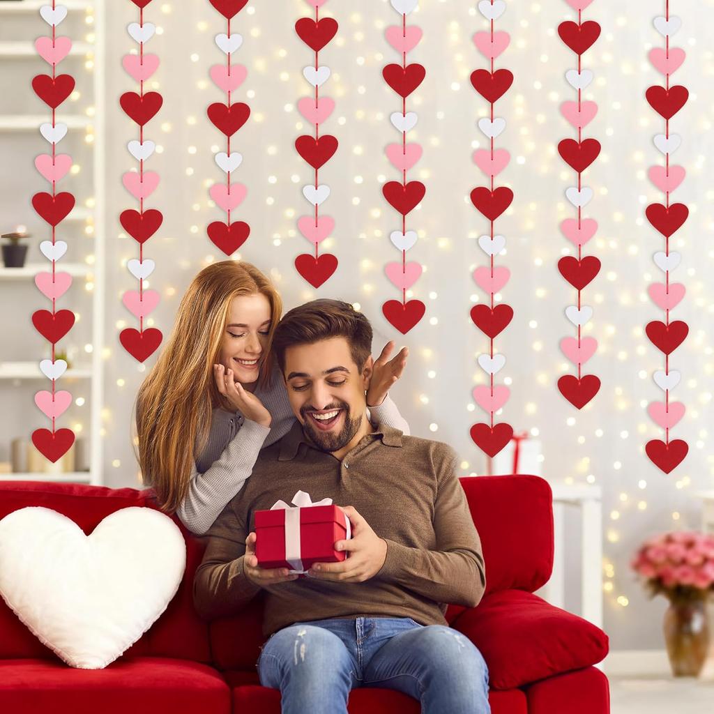 8 Pack Felt Heart Garland, Valentines Day Decorations-No DIY Red Pink White Heart Valentines Hanging String Banner for Anniversary Wedding Engagement