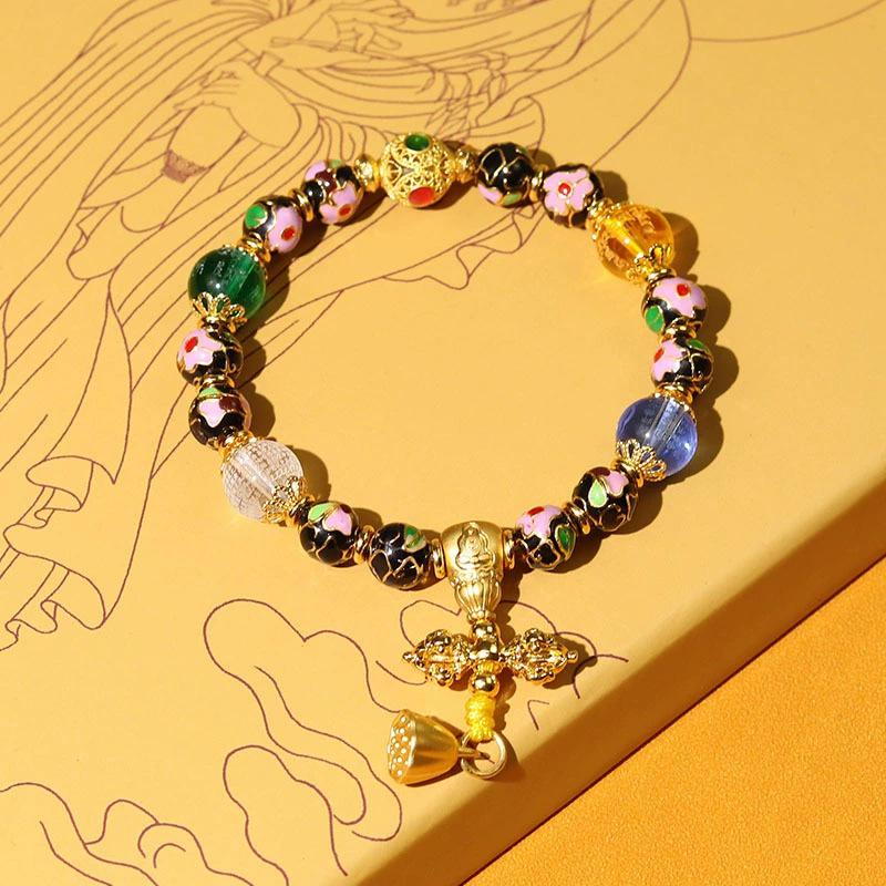 Jingtai Blue Prosperous Flowers Lucky Bead Bracelet with Heart Sutra and Gold Foil