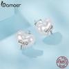 BAMOER 925 Sterling Silver Bow Heart Shaped Shell Pearl Stud Earrings, Minimalist Cute Studs for Women Fashion Jewelry Gift