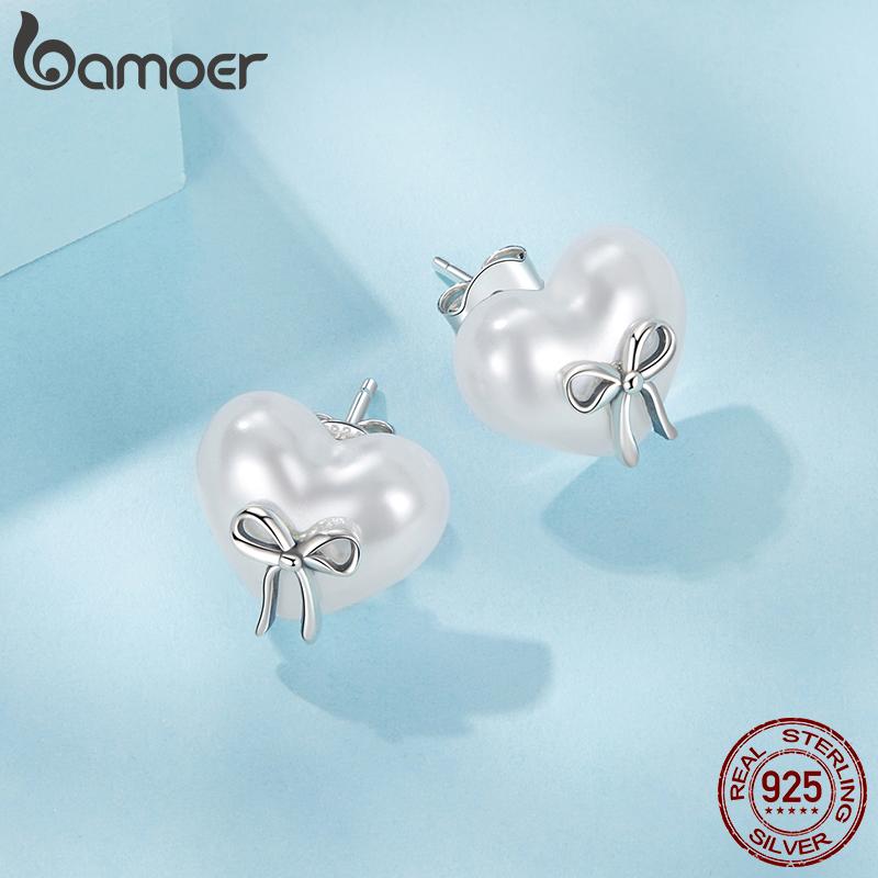 BAMOER 925 Sterling Silver Bow Heart Shaped Shell Pearl Stud Earrings, Minimalist Cute Studs for Women Fashion Jewelry Gift