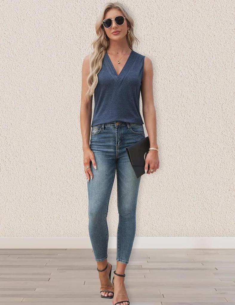 2024 Damen Einfarbig Ärmellos V-Ausschnitt T-Shirt - Europäischer & Amerikanischer Stil