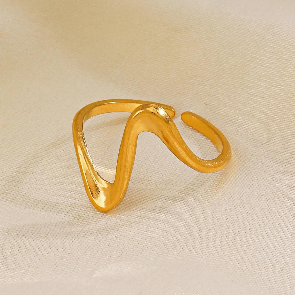 Vintage Stainless Steel Geometric Wave Rings for Women Gold Color Adjustable Rock Ring Aesthetic Wedding Trend Jewelry Gift