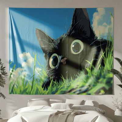 Gaze of the Black Cat Digital Printing Polyester Wall Tapestry Suitable for Use In Living Rooms Bedrooms Offices Bars and Party
