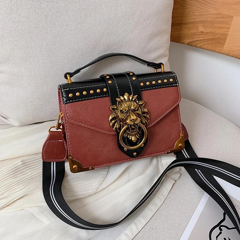 Female Fashion Handbags Popular Girls Crossbody Bags Totes Woman Metal Lion Head Brand Shoulder Purse Mini Square Messenger Bag
