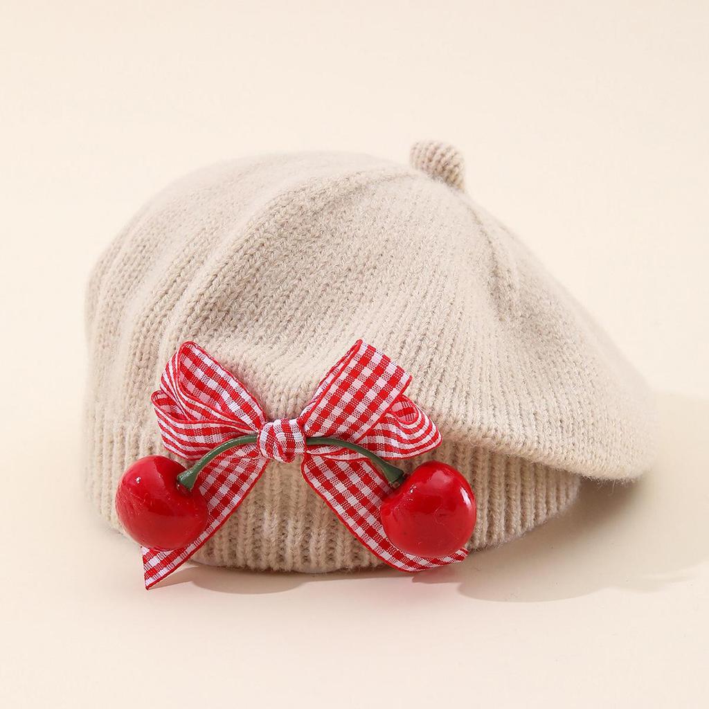 Charming Woolen Beret with Bow & Cherry for Kids - Autumn & Winter Solid Color Hat
