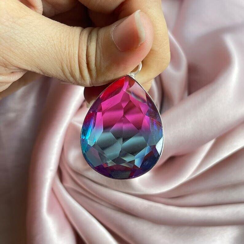 Bicolor Tourmaline Gemstone Silver Pendant With Silver Chain Handmade Pendent