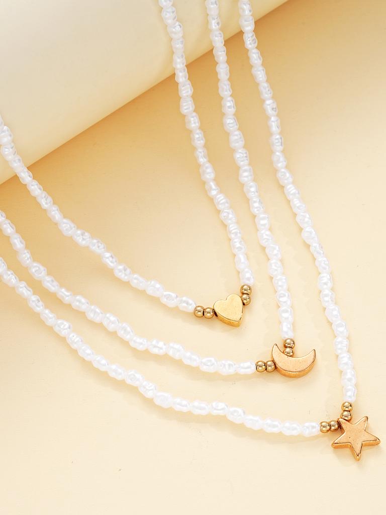 3 Pcs Multi-Layer Pearl Necklace Set For Woman Elegant Chokers Retro Neck Chain Imitation Pearl Star Moon Heart Necklace Jewelry