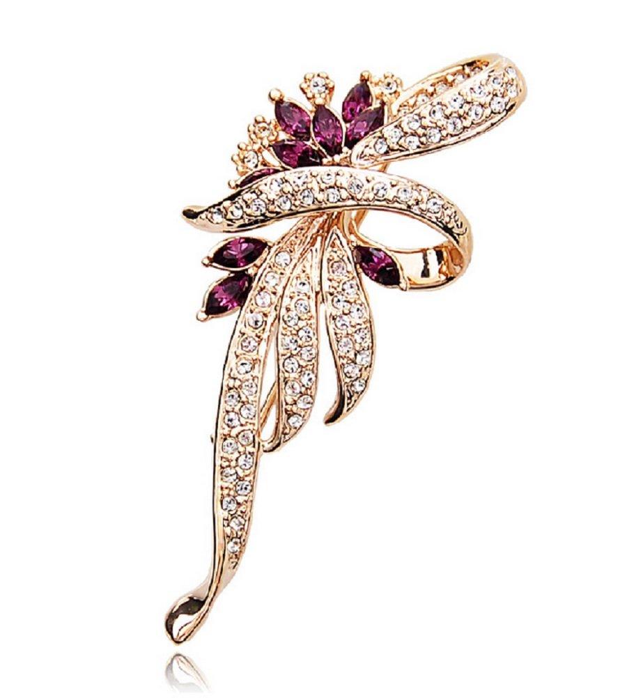 Miaomyao Cubic Zirconia Purple Elegant Ribbon Flower Crystal Leaf Brooch Accessory for Women Birthday Anniversary Gift [MiaoMiao] (Purple & Gold)
