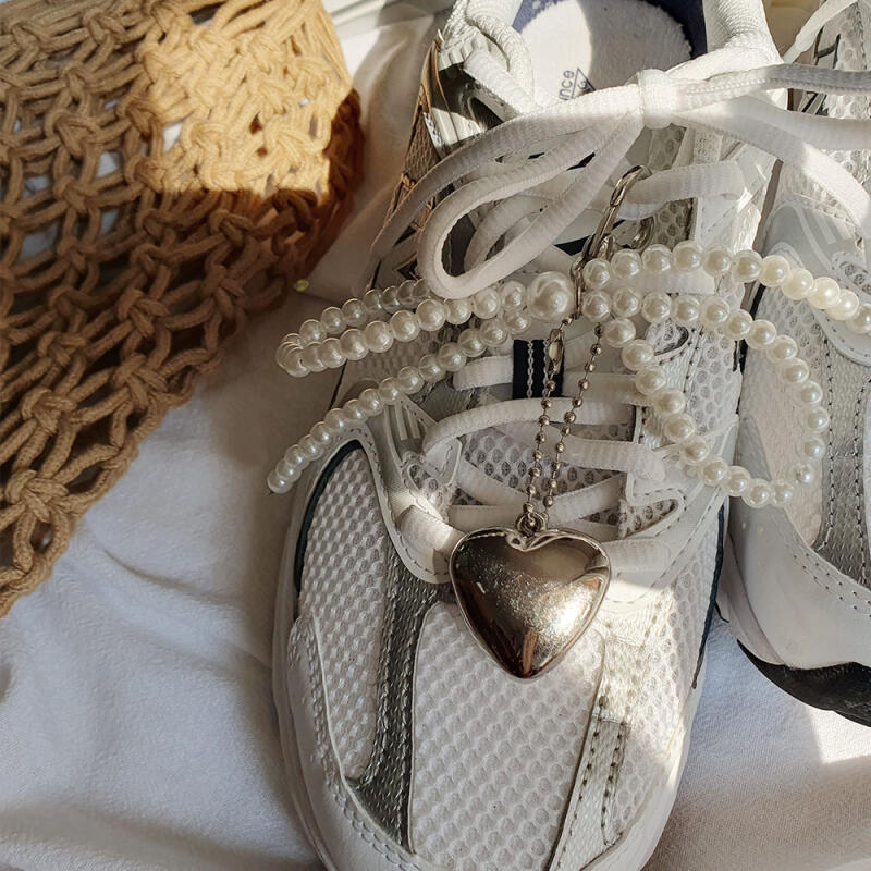 Pearl Heart Ribbon Silver Metal Keychain