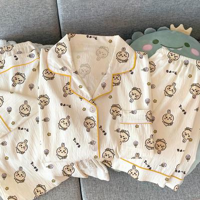 Pijama de Manga Corta de Dibujos Animados Anime Usaki Chiikawa para Primavera y Verano Conjunto de Tres Piezas para Mujer