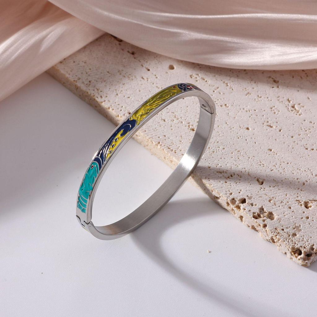 18K Electroplated Women's Retro Enamel Drip Oil Titanium Steel Bracelet, 6mm