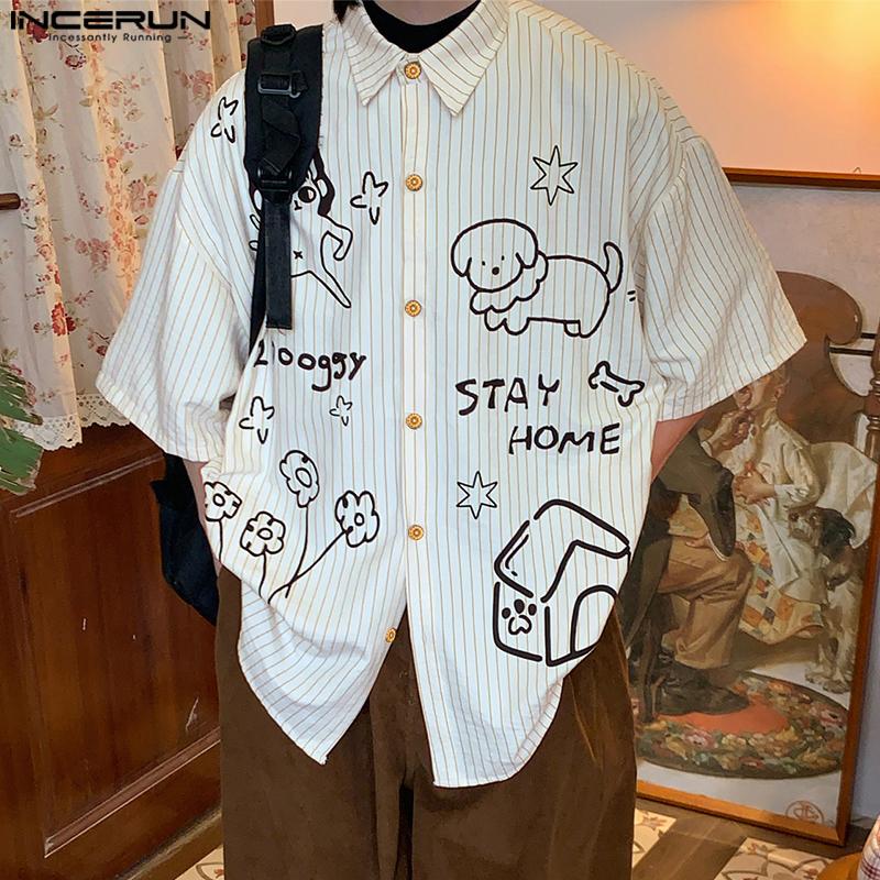 INCERUN Luźne Męskie Koszule Casual z Kołnierzykiem, Krótkim Rękawem i Paskami z Kreskówkowym Wzorem