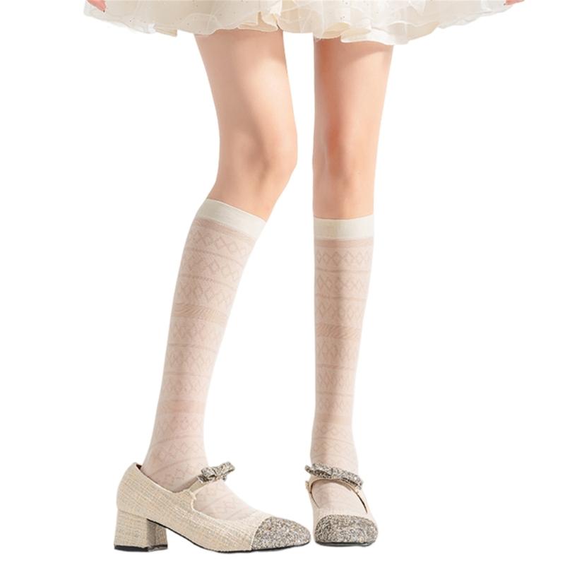 Women Elegant Thin Sheer Solid Color Silk Over Calf Socks Japanese Style Geometric Striped Pattern Knee Length Stockings