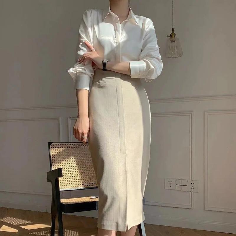 Women's Elegant Satin Blouse White Lapel Long-Sleeve Formal Casual Office Shirts