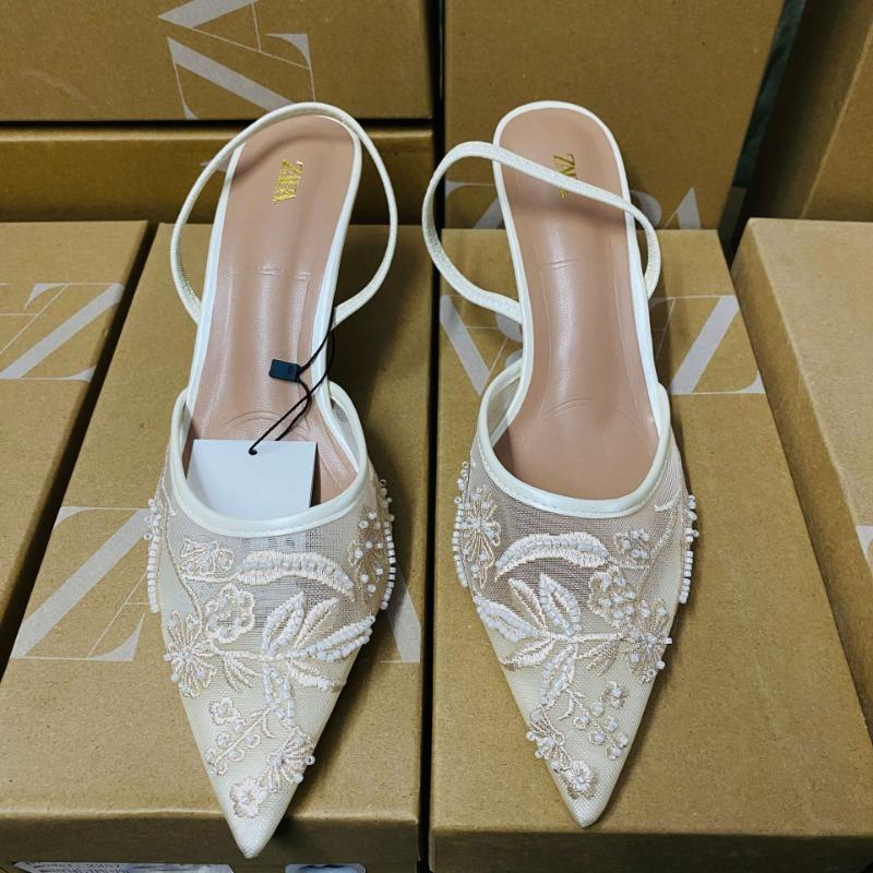 Ladies Flower Mesh Open Heel Sandals Shoes Sexy Designer High Heel Pointed Toe Stiletto Pumps Mules women sandals