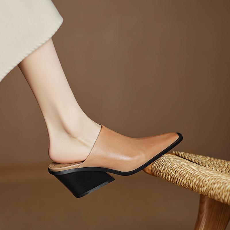 Fashion 2025 New Summer Women Mules Genuine Leather Women Shoes Pointed Toe Wedges Shoes High Heel Women Sandals Metal Modern Slippers