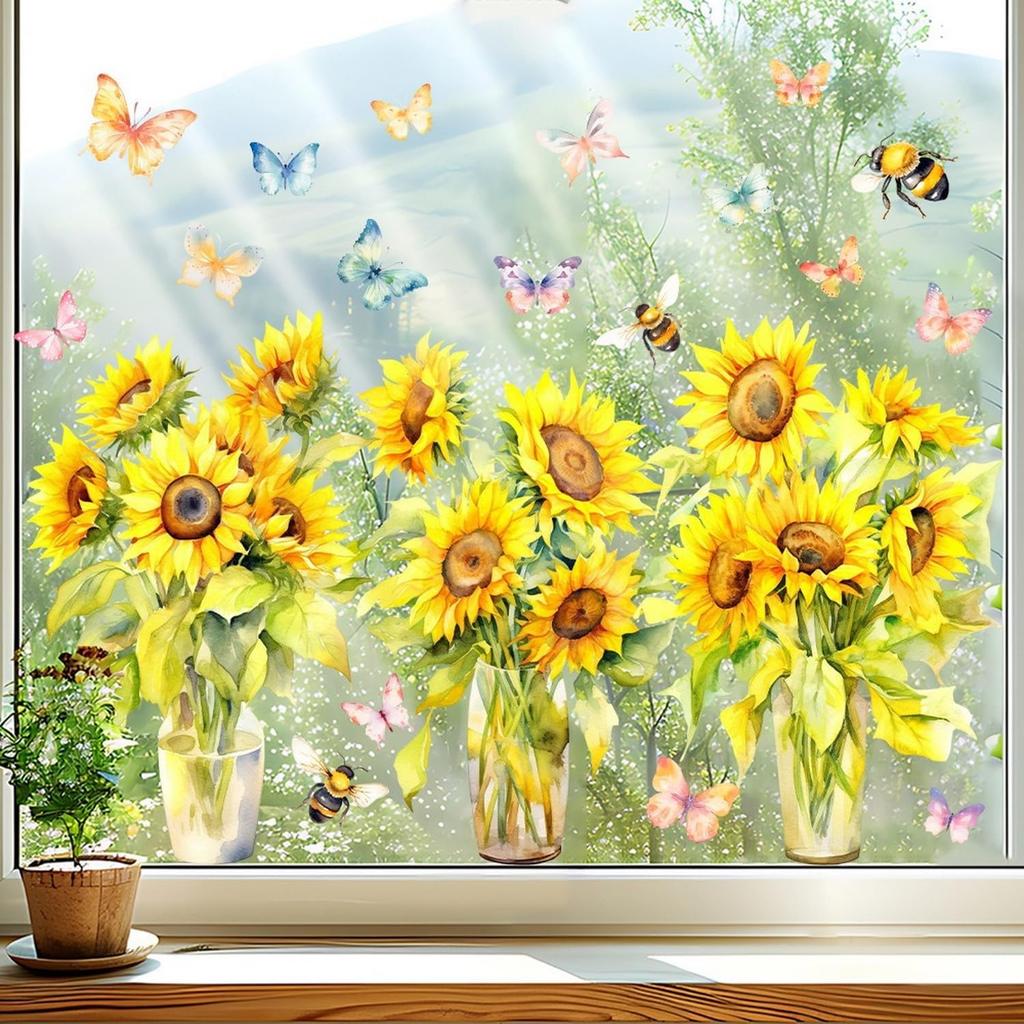 9 Sheets Summer Window Clings Stickers Double-Sided Window Decals Tropical Flamingo Green Plants Coconut Tree Designs Summer Hawaii Colorful Flower