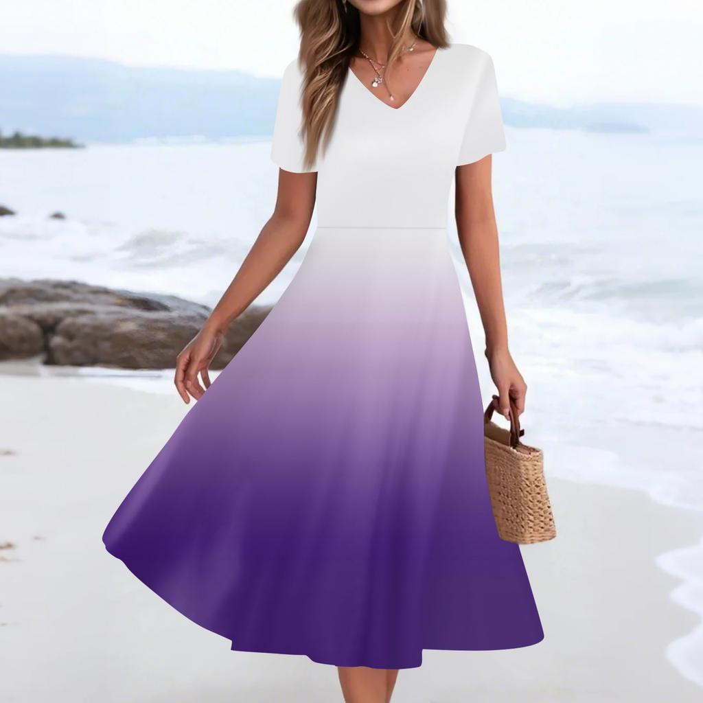 Women's Summer Casual Fashion Print Pocket Short Sleeve V-Neck Swing Dress