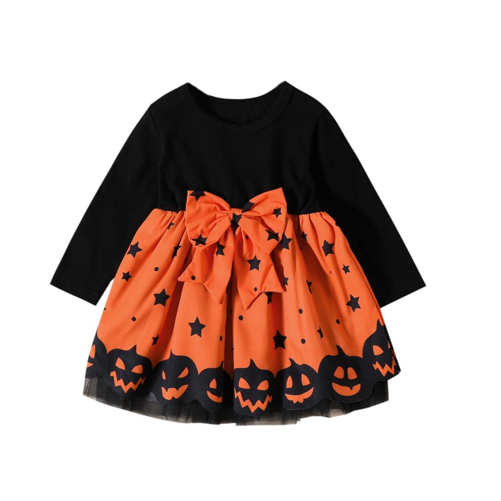 2024 Autumn Little Girl Long Sleeve Pumpkin Ghost Face Print Halloween Dress