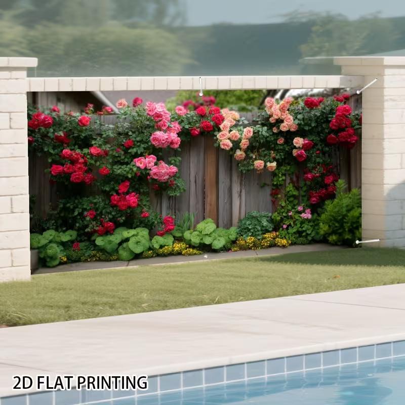 2D Vintage Timber Fence Full Bloom Rose Flower Yard Photo Background