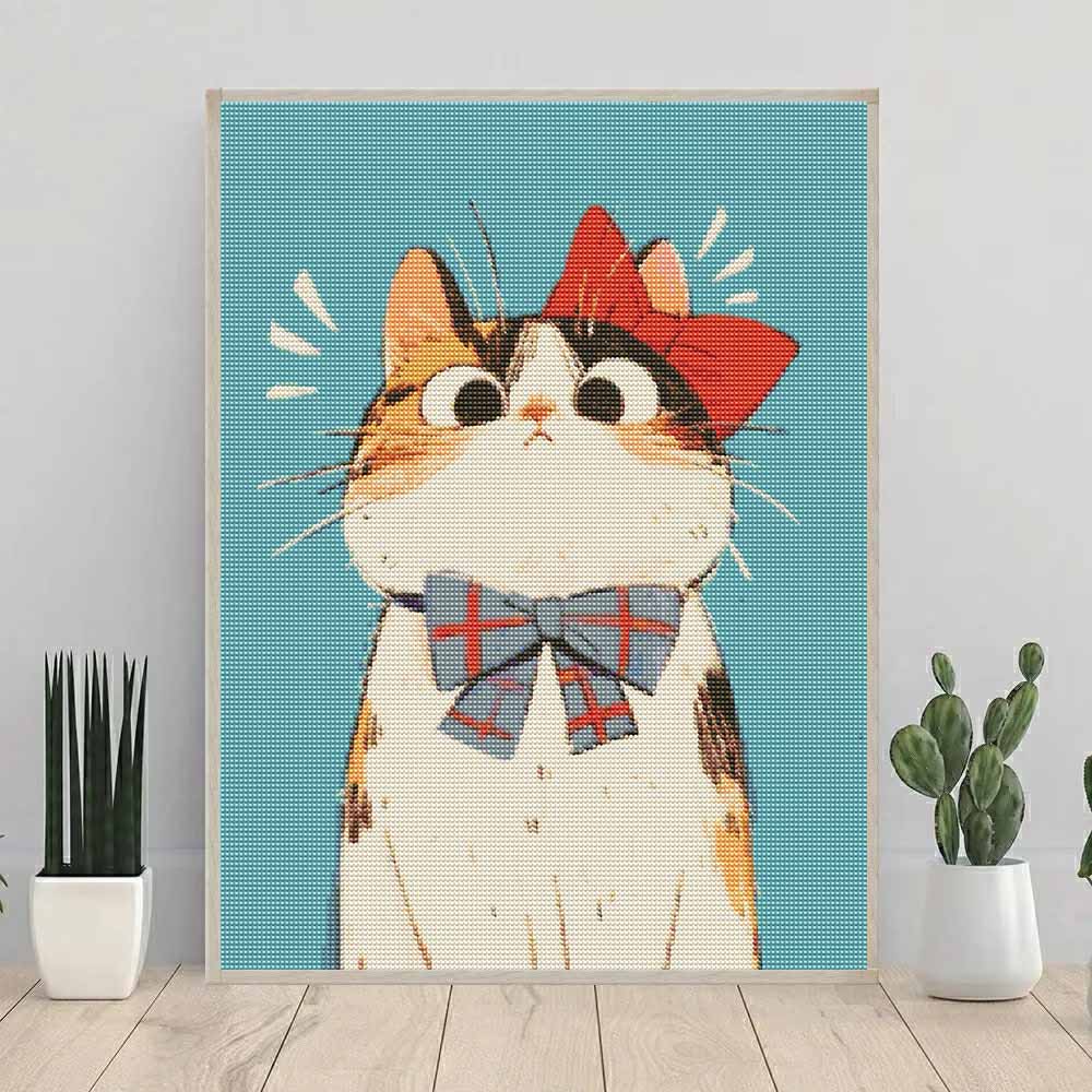 DIY Diamond Art Painting Kit Cute Calico Cat with Red Bowknot 5D Rhinestone Canvas Wall Decor Gift for Craft Lovers Home Room Decoration