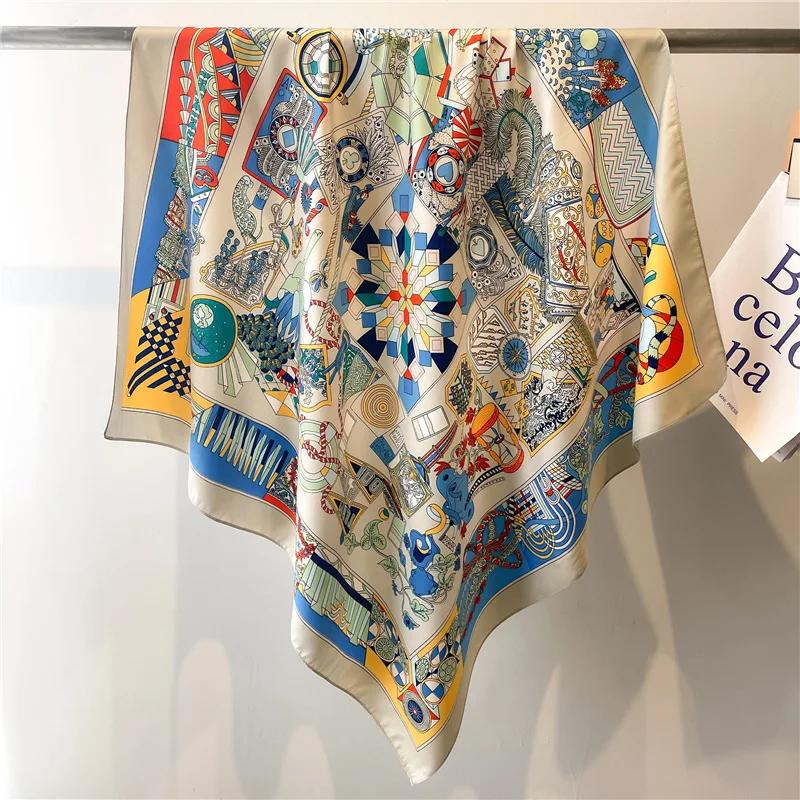 90cm Square Shawls and Scarves Twill Silk Scarf Female Big Kerchief Printed Hijab Scarf For Women Headband Neckerchief Wraps