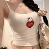 Cartoon Print Contrast‑Trim Spaghetti Strap Camisole Pure White White‑Red Spliced Red Women Cute Slim Summer Sleeveless Layering Vest