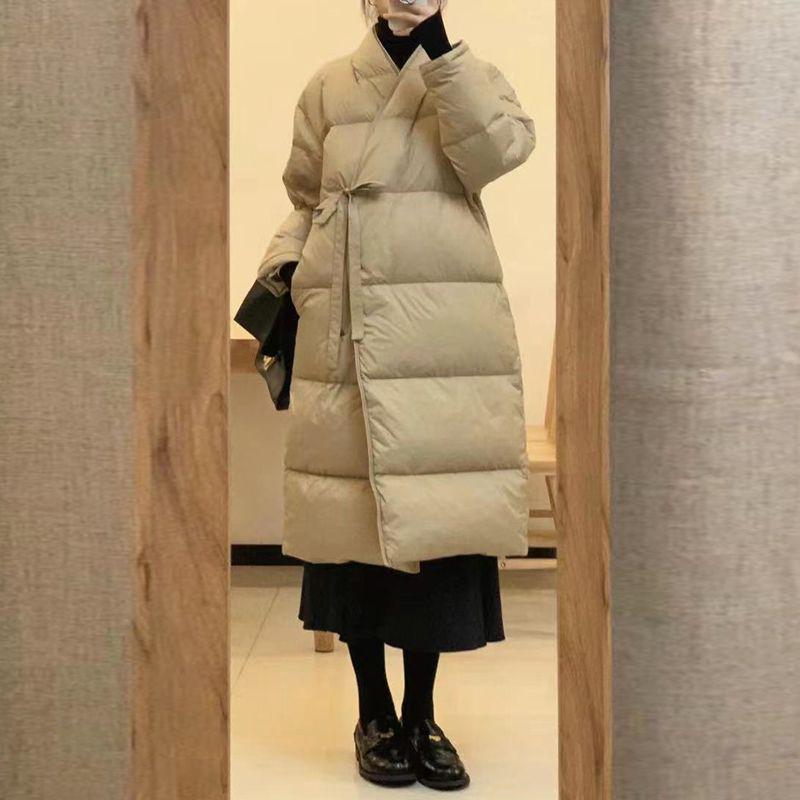 

Женское корейское хлопковое пальто миди 2025 года - Длиной ниже колена, Свободное, Утепленное, Большого размера L легкие хаки