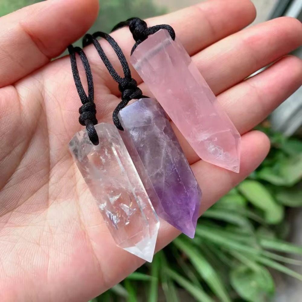 Adjustable Rope Pendulum Necklace Hexagonal Stone Pendant Natural Crystal Necklace Sweater Chain