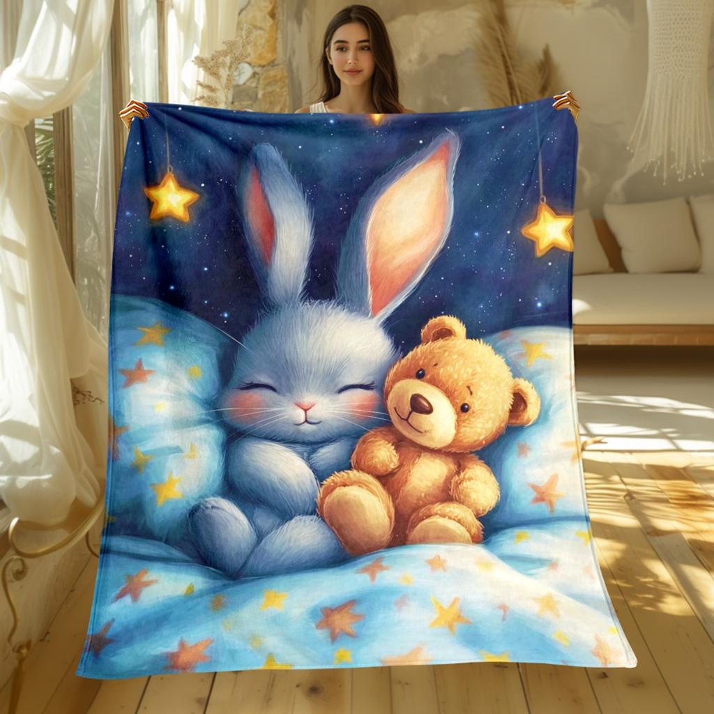 1pc Sleeping Bunny and Teddy Bear Starry Night Fleece Blanket Flannel Throw Cute Kids Bedding Soft Comforter for Children Room
