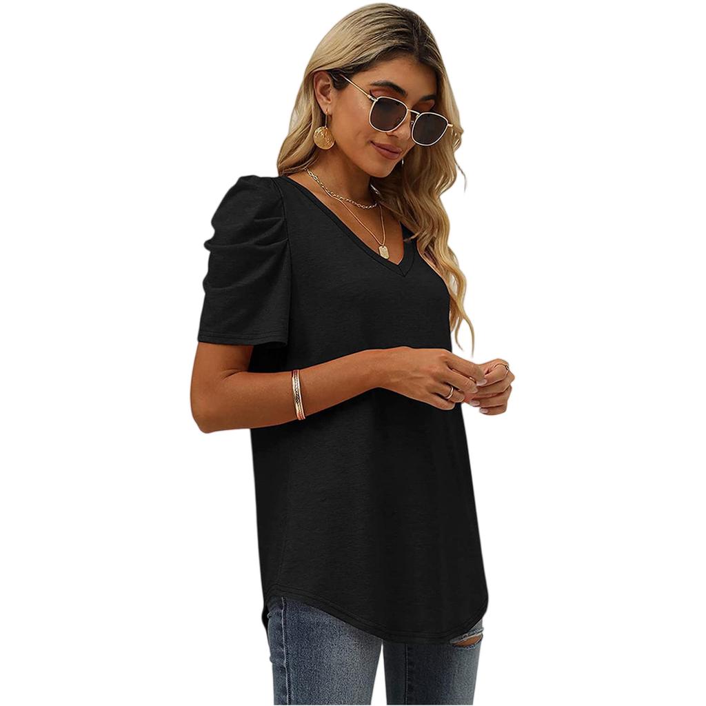 Women's Casual Ruffled Patchwork V-Neck Short Sleeve T-Shirt Top