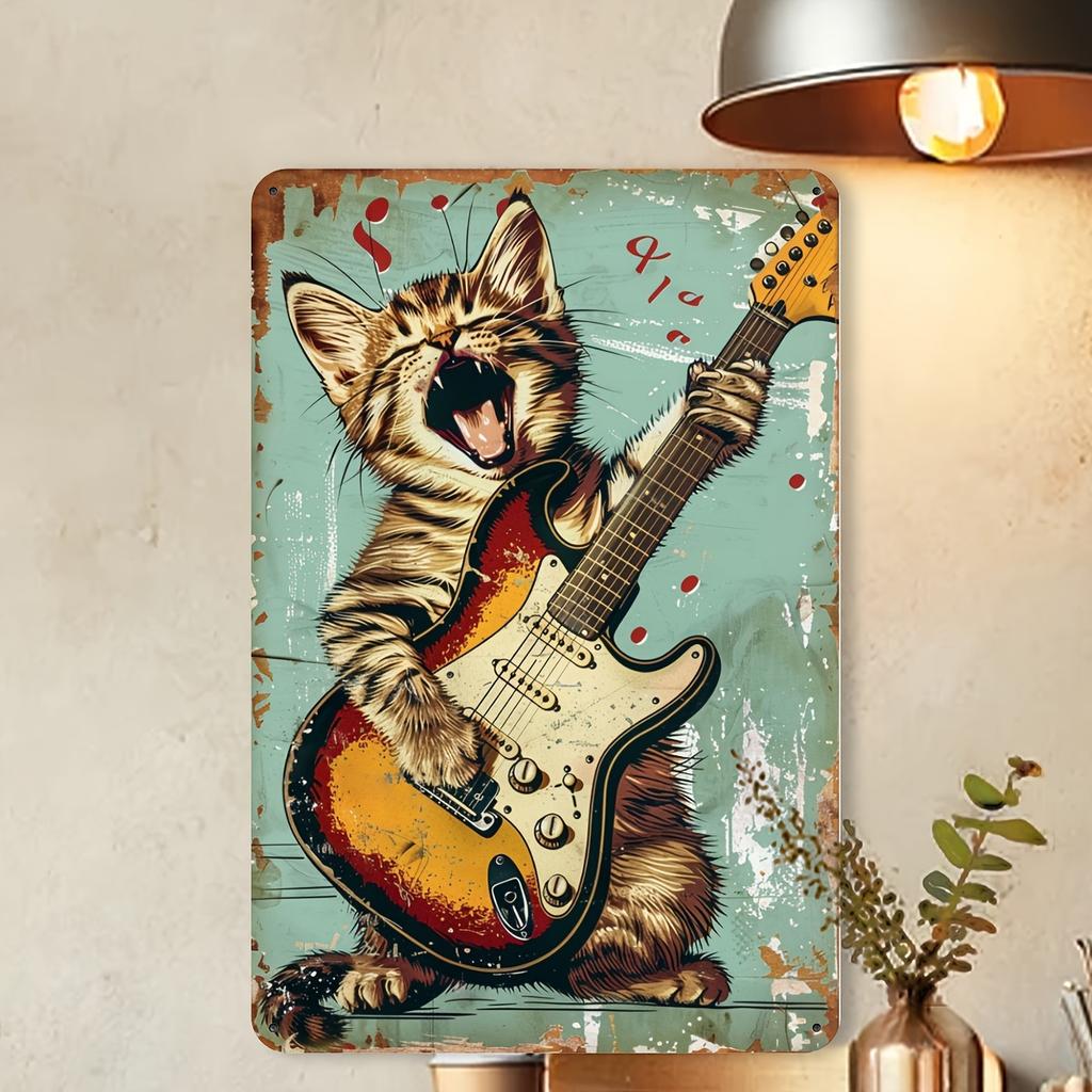 Rock Music Lover Cat Playing Guitar Vintage Metal Tin Sign Wall Art Decor for Gym,Garden - Indoor & Outdoor Retro Decoration