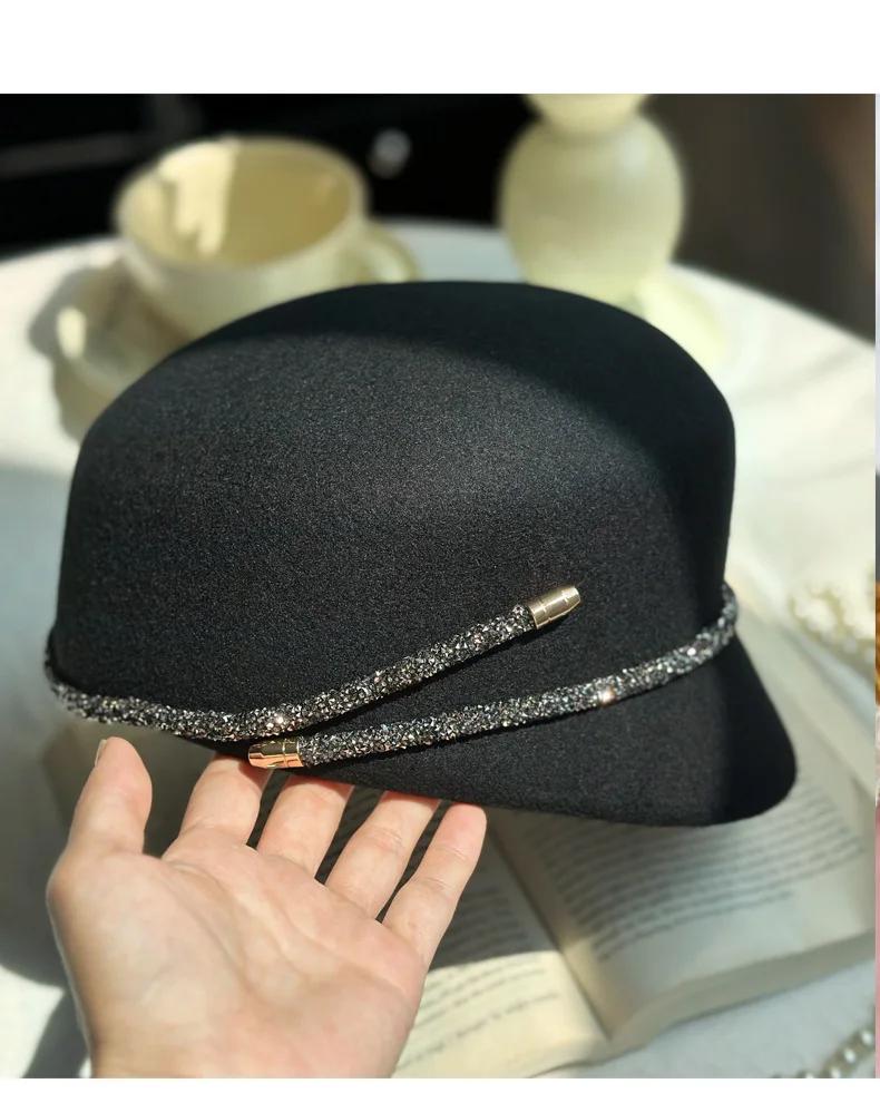 Rhinestone Decorated Wool Tweed Beret Hat Vintage Elegant British Style for Autumn Winter Equestrian Riding Daily Party Wear