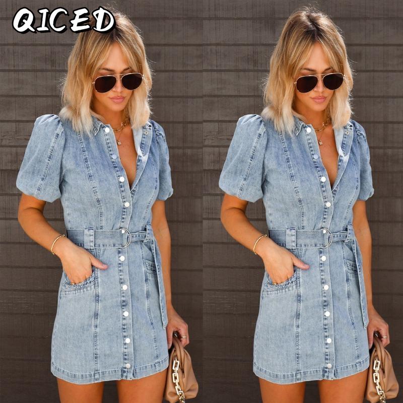 QICED Fashion Summer Spring Solid Color Print Short Sleeve POLO Neck Casual Dresses