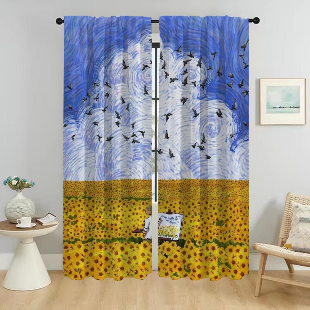 Van Gogh Elegant Room Curtains for Living Room Kitchen Curtains 2 Pieces Blackout Curtain Shades Tulle for Bedroom Partition