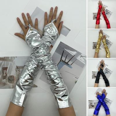 1 Pair Women Cosplay Gloves Rhinestone Decor with Finger Hoop Coated Faux Leather