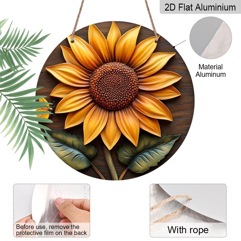 2D Flat Aluminum 7.87 Inch X 7.87 Inch Sunflower Pattern Wall Decoration, Rustic Style, Suitable for Gardens, Farmhouses, Cafes, Living Rooms