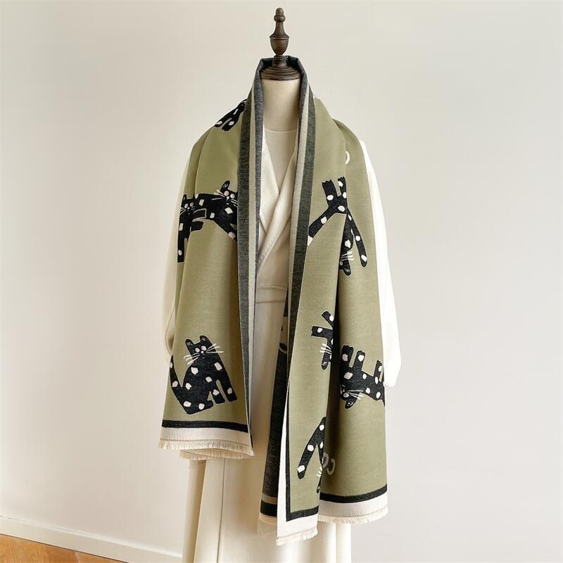 Winter imitation cashmere scarf women's double-sided cartoon cat shawl warm long sweet and cute fringed dual-purpose scarf