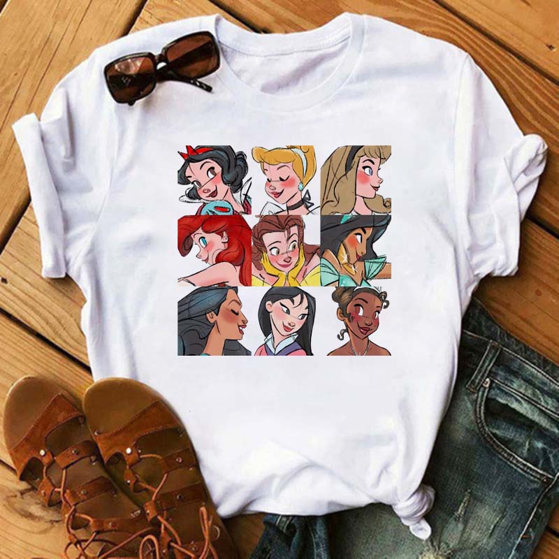 Disney Cartoon Princess Printed Women T-shirt Kawaii Graphic Printed T Shirt Summer Casual Short Sleeve Female Tops Tshirt Tees