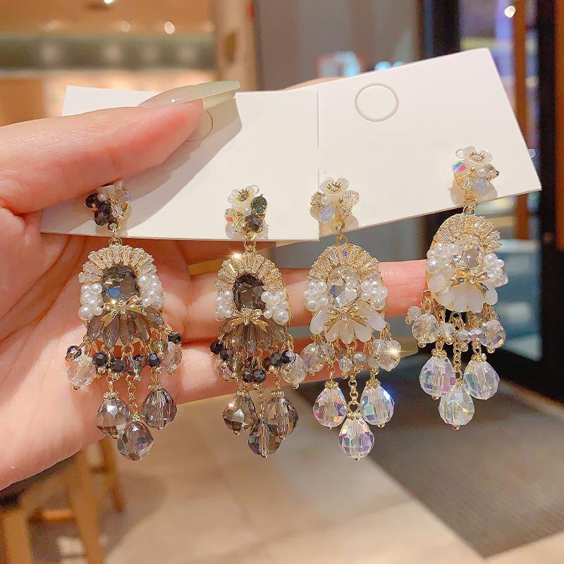 Zircon Pearl Glass Pendant Earrings Retro Light Luxury Exquisite Earrings Temperament Fashion High Sense Earrings Women