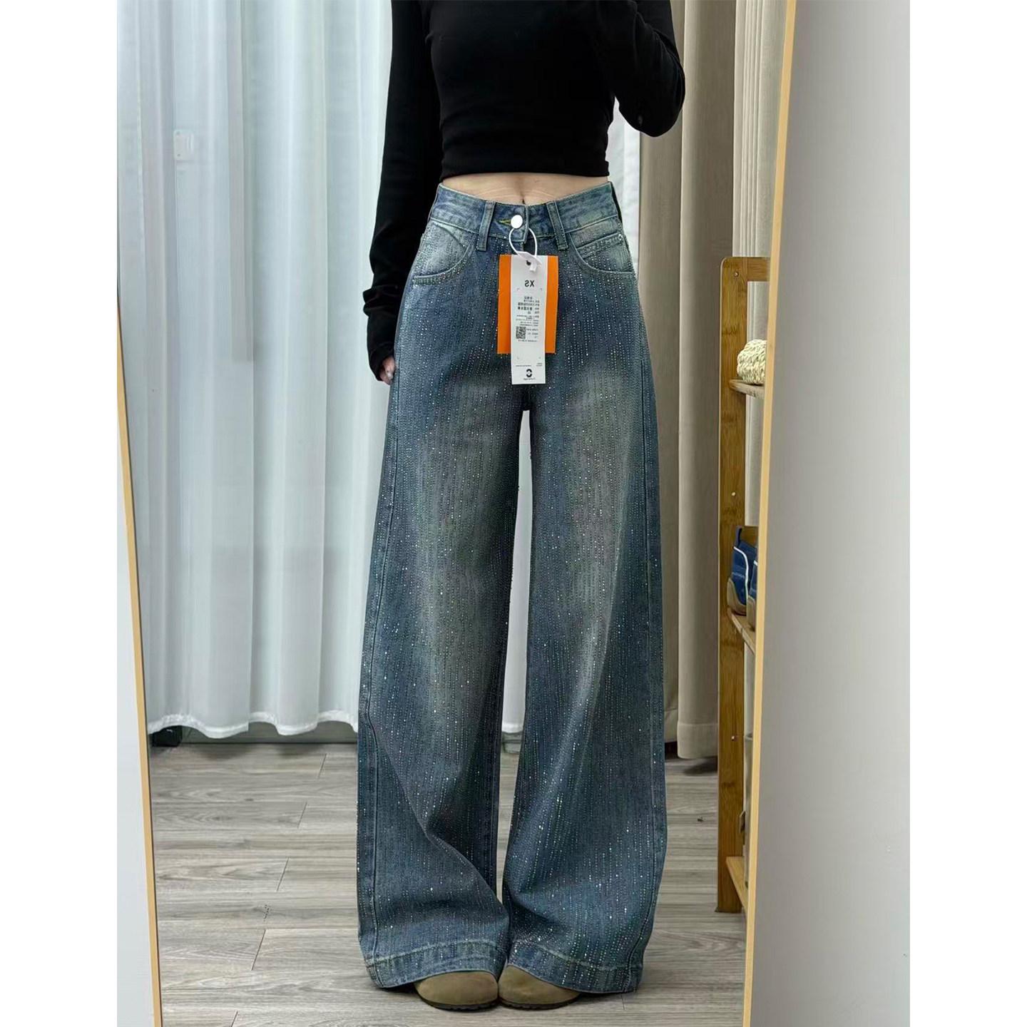 

Женские джинсы из бархата с высокой талией и стразами - Широкие, свободные, стройнящие, в пол 2026 L