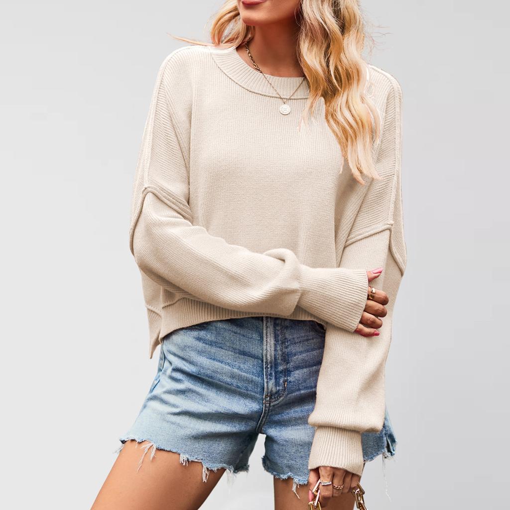 Women's Solid Striped Fashion Round Neck Knitwear Loose Pullover Sweater