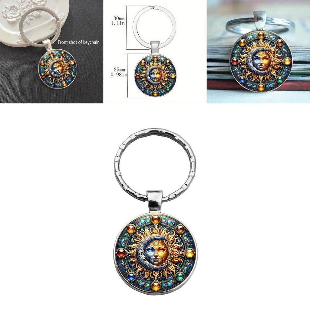 Glasanhänger Schlüsselanhänger mit Sonne-Mond-Muster Niedliches Schlüsselzubehör für Geschenke