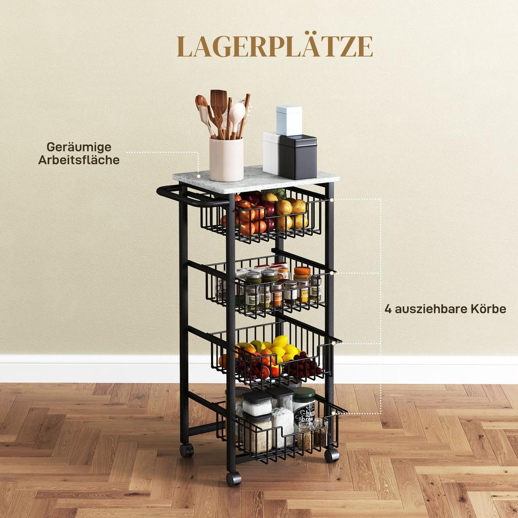 Four Basket Mobile Kitchen Island, with Brakes - Grey/Black