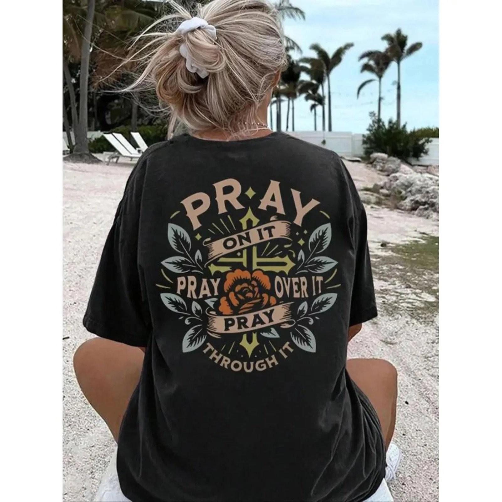 Women Floral Letter Print Casual Drop Shoulder T-Shirt Tee XL