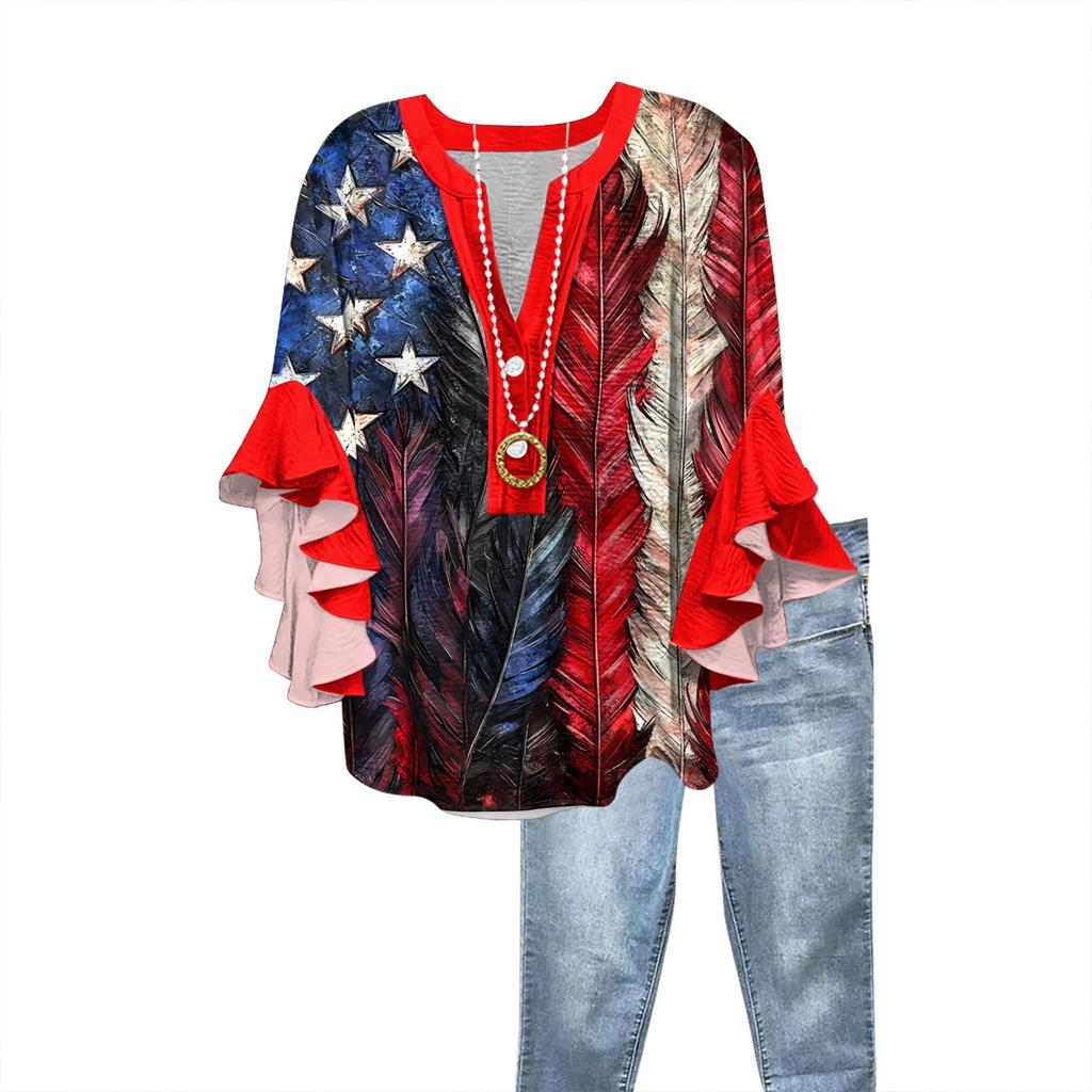 Summer Tops For Women Cute V Neck 3/4 Sleeve Blouses Print Top Casual Shirts