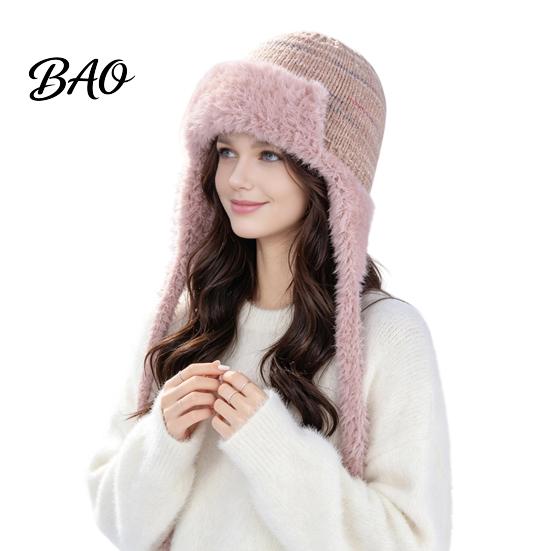 Travel Essential Headgear Women Trapper Hat, Wool Blend Knitted Hat with Ear Flaps, Fuzzy Cold Weather Headwear Trim, Warm Winter Knit for Hiking
