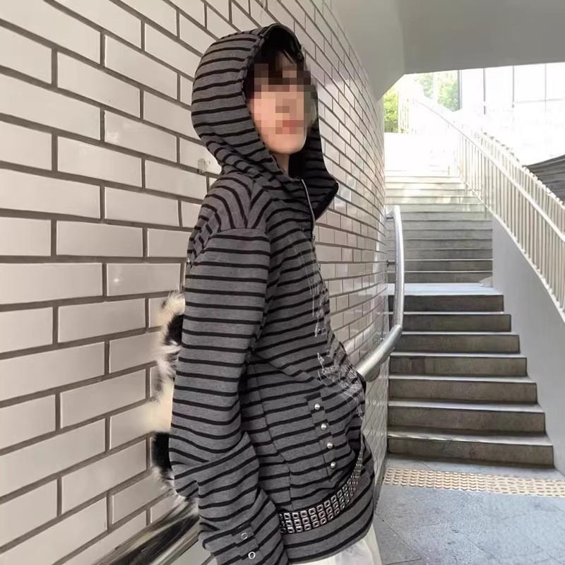 Gothic Dark Striped Zip Hoodie Slim Fit Short Y2K Couple Streetwear Top