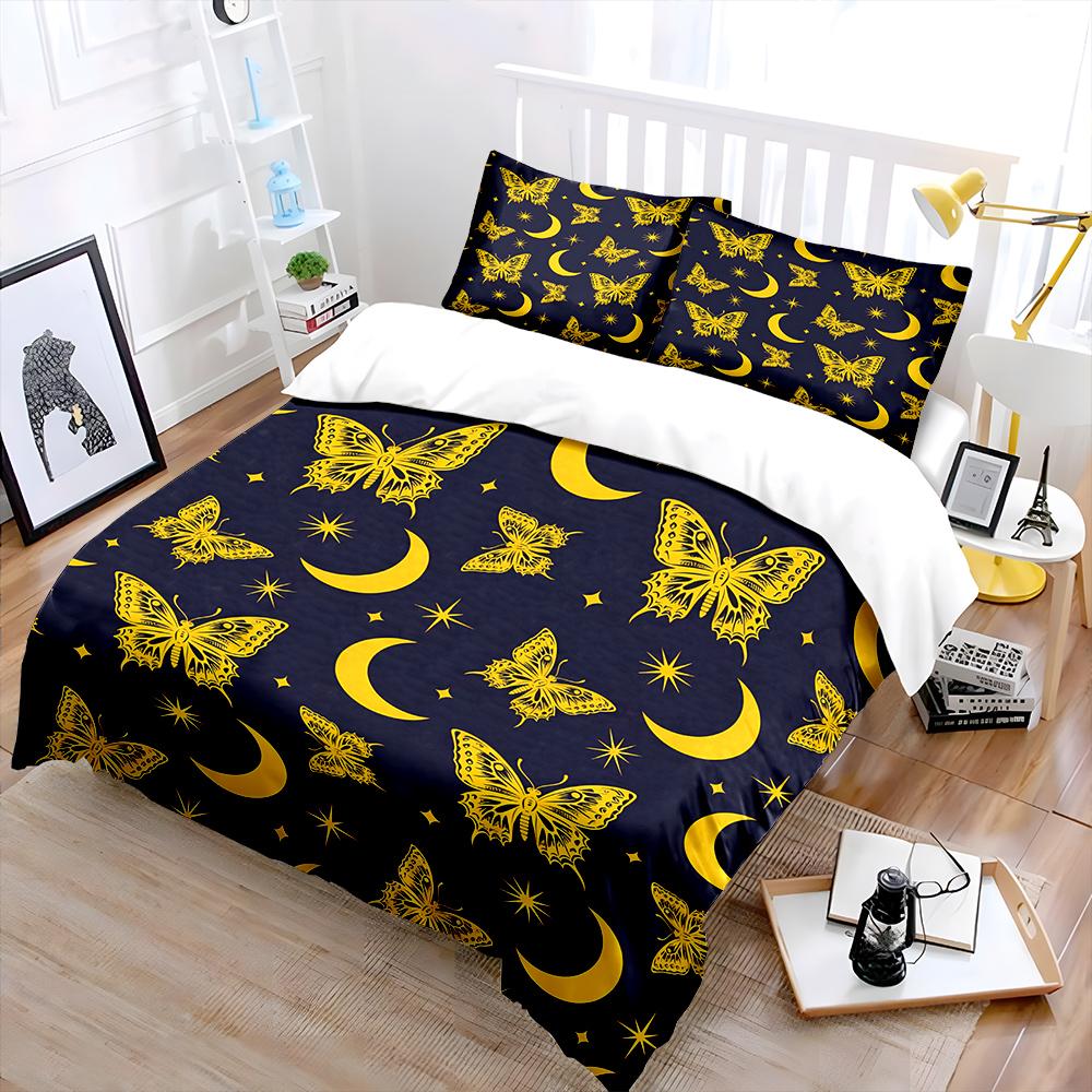 Yellow butterflies with moons stars pattern Bedding Set for Kids Luxury Gift 3pcs Digital Print Comforter Set Soft Comfortable